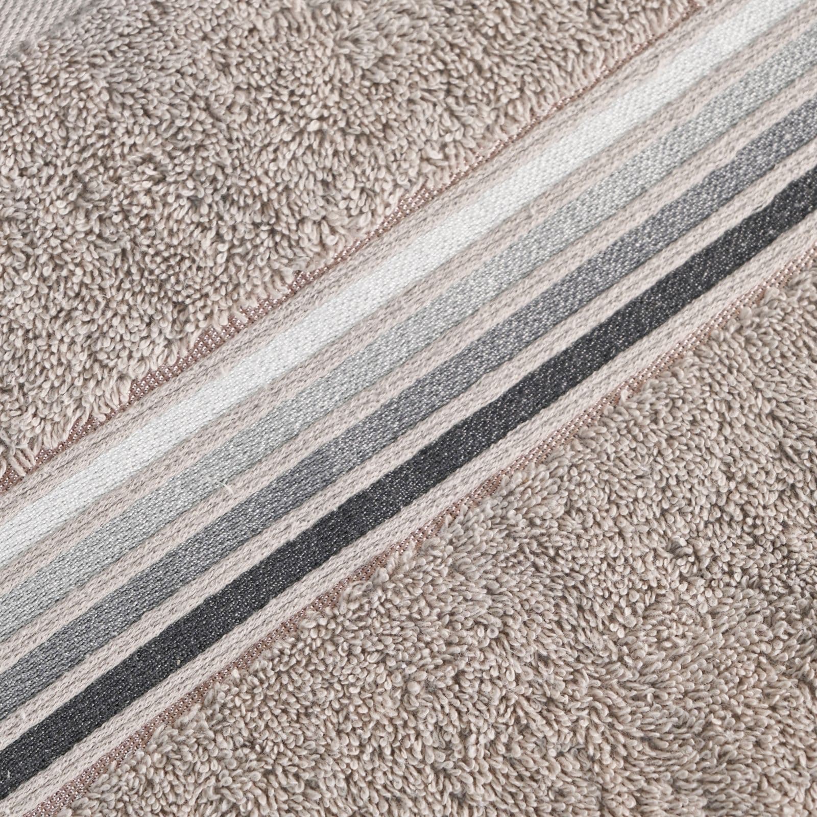 Close-up of a taupe terry towel with a woven striped border