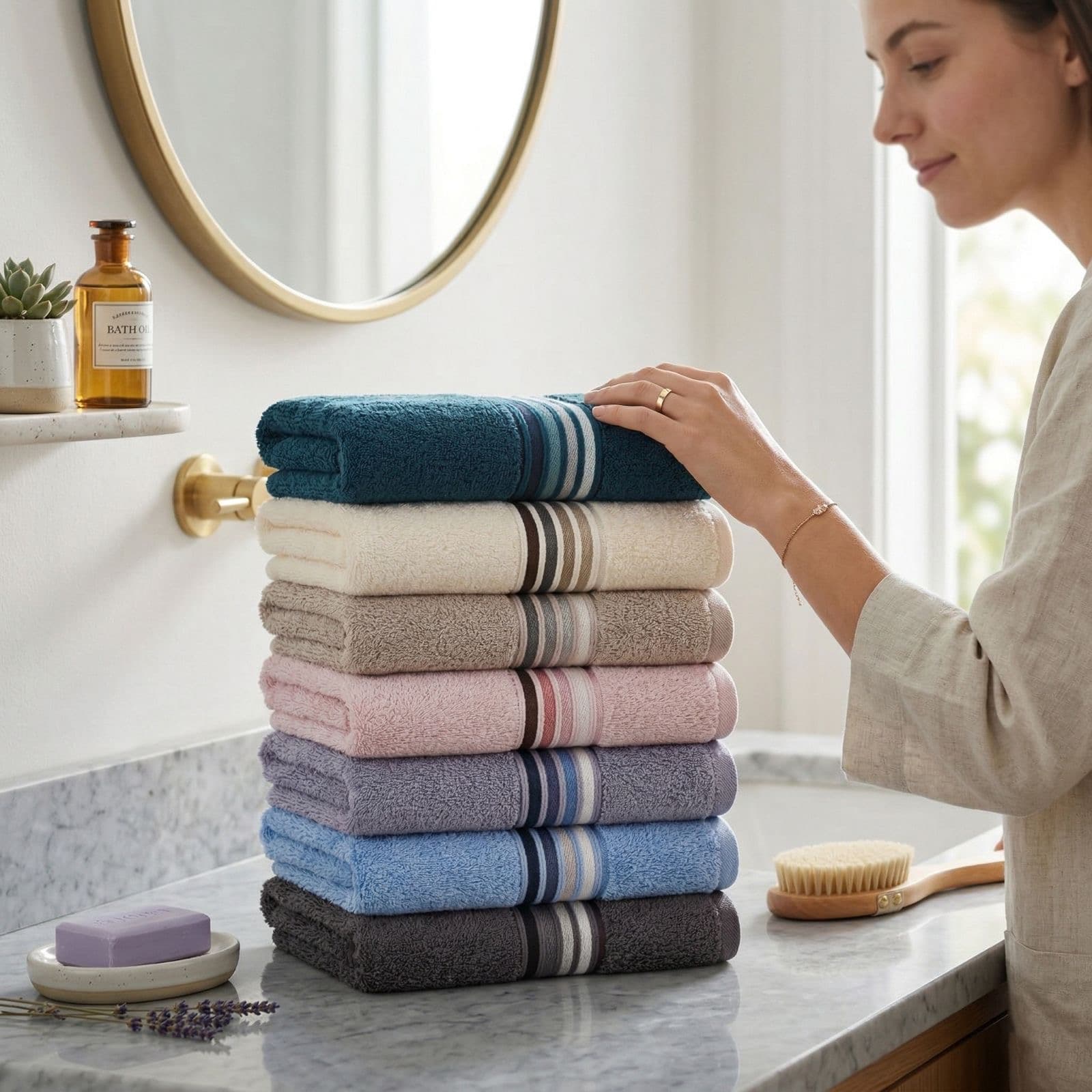 A woman selecting a teal striped towel beside a bathroom vanity
